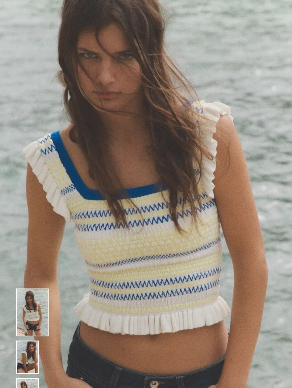 Blue and Cream Smocked Ruffle Tank Top - Women's Swim - Picture 3 of 11